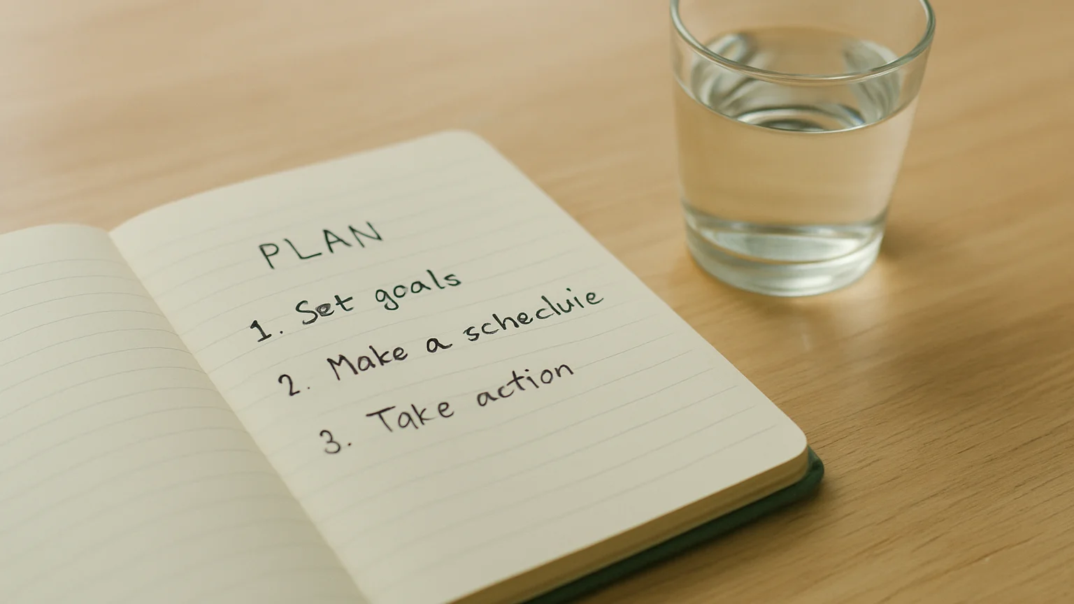 Close detail of a notebook with a handwritten simple plan beside