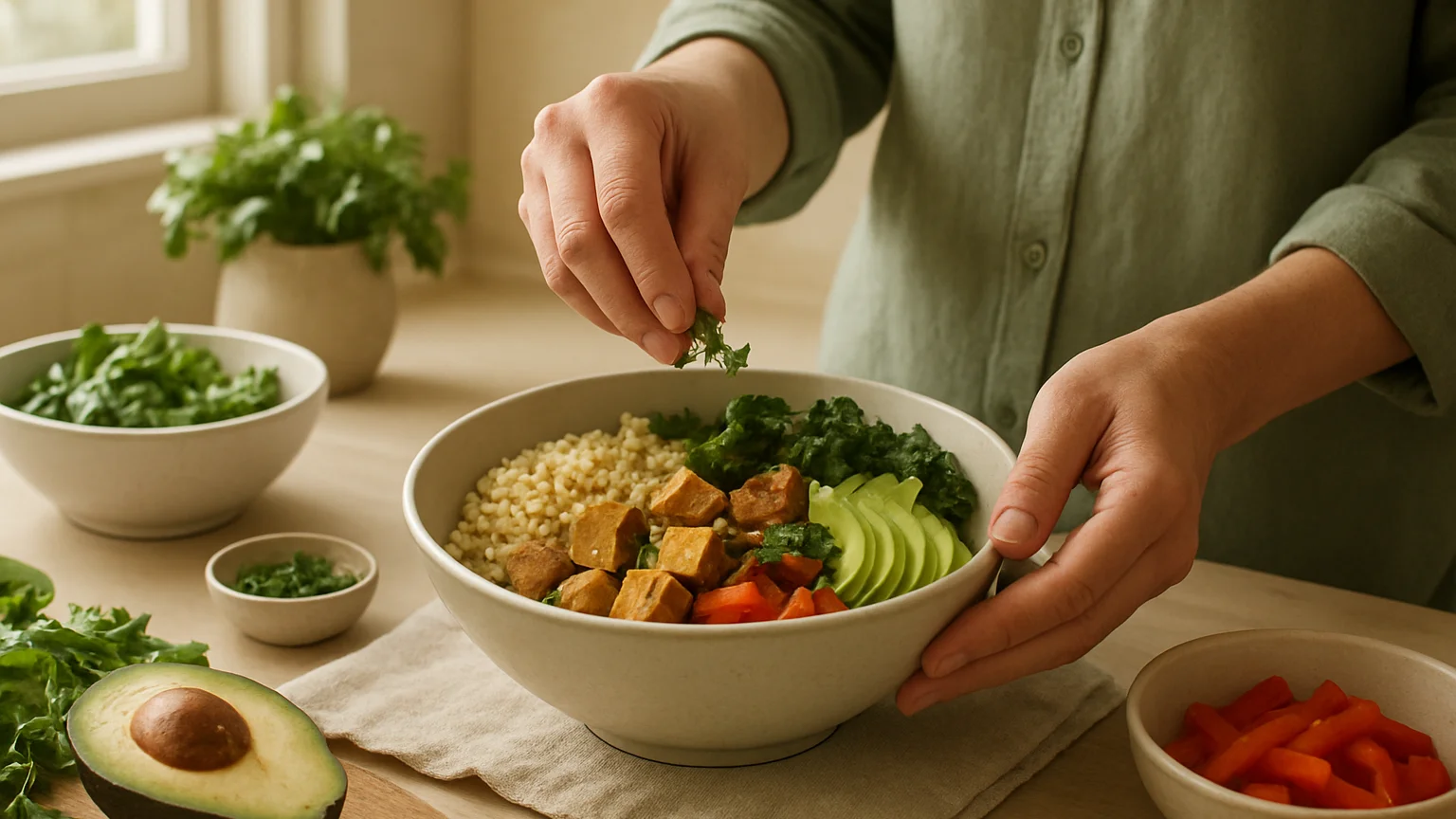 Hands assembling a fresh grain bowl with herbs and vegetables at