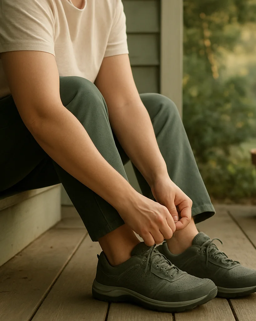 Ordinary daily moment: an adult lacing up walking shoes on a porc