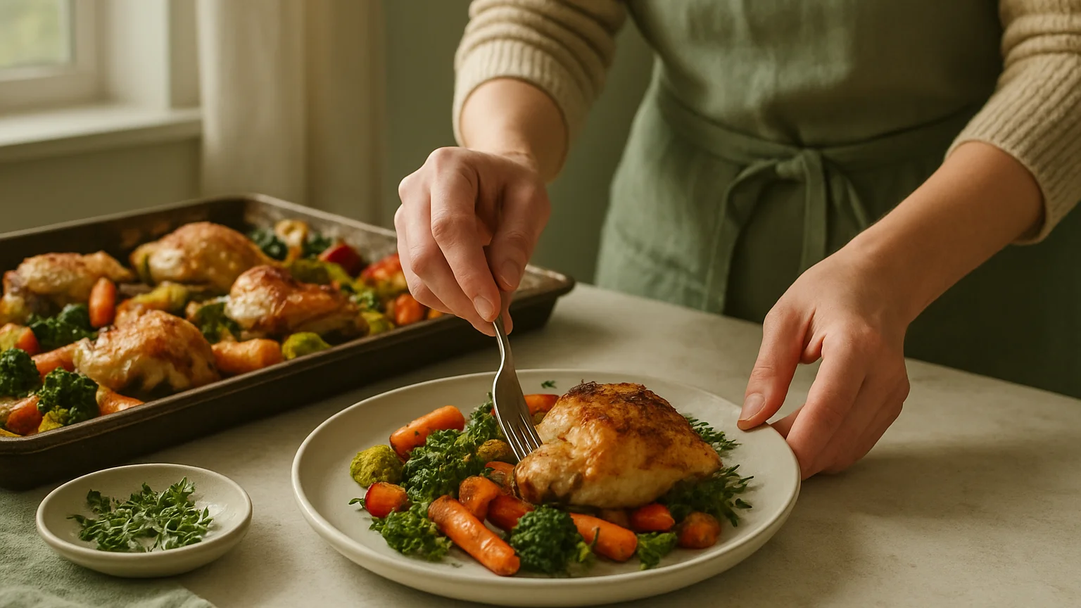 Editorial close-up of a home cook plating a sheet-pan dinner of roasted vegetables, chicken thighs and fresh herbs on a