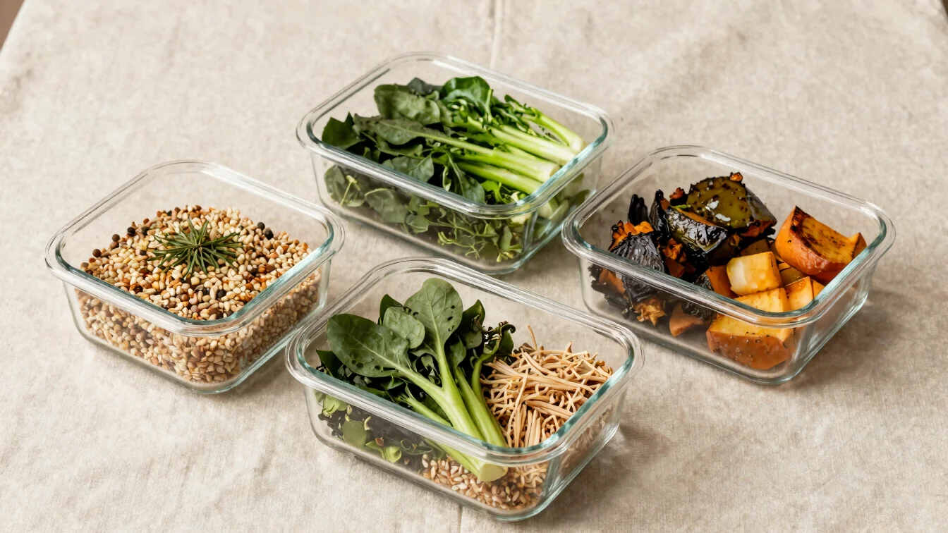 Editorial overhead photograph of three glass meal-prep containers filled with grains, leafy greens, roasted vegetables a