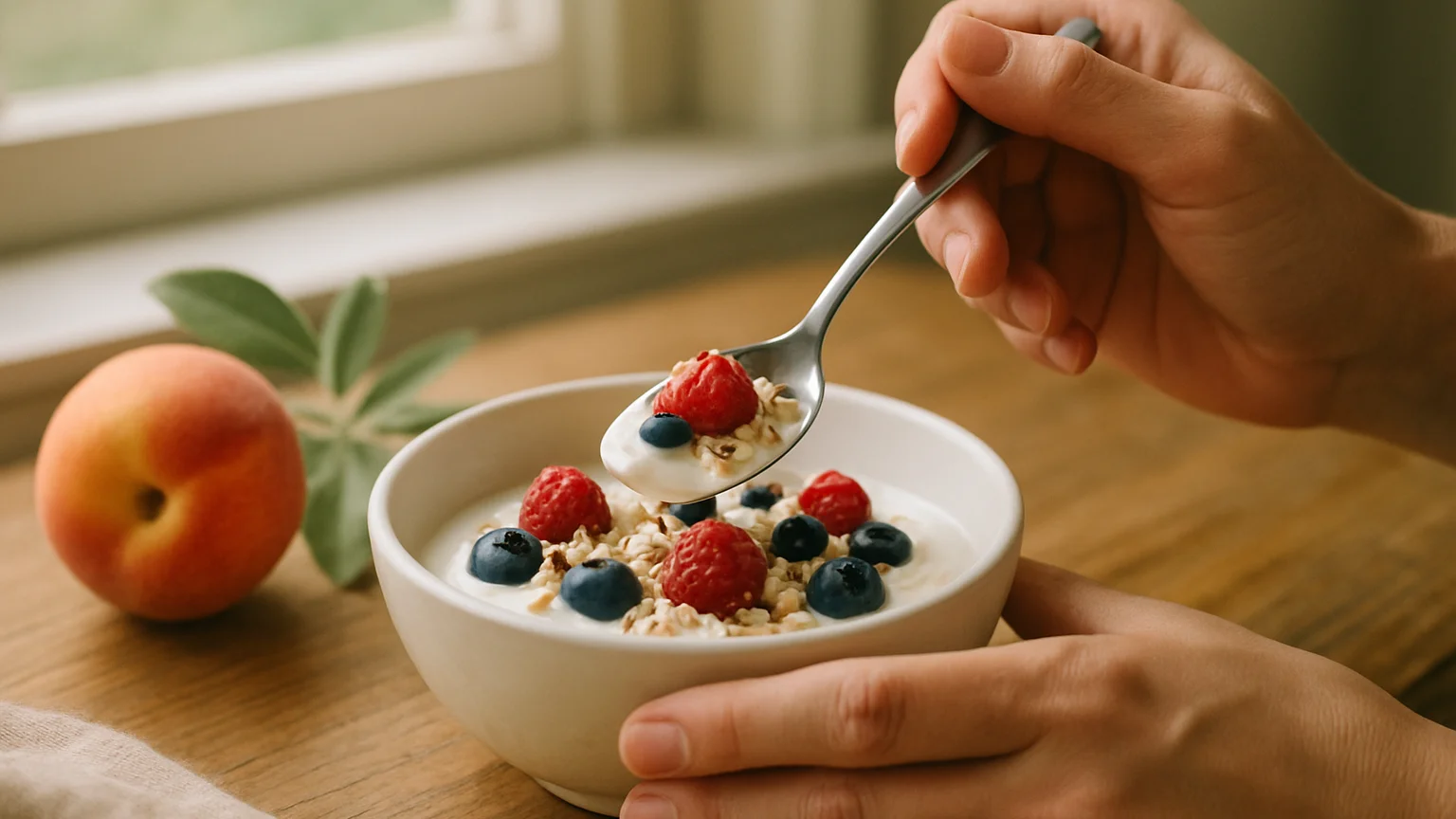 Editorial close-up of hands spooning yogurt with berries and oats into a small white bowl on a wooden table near a sunli