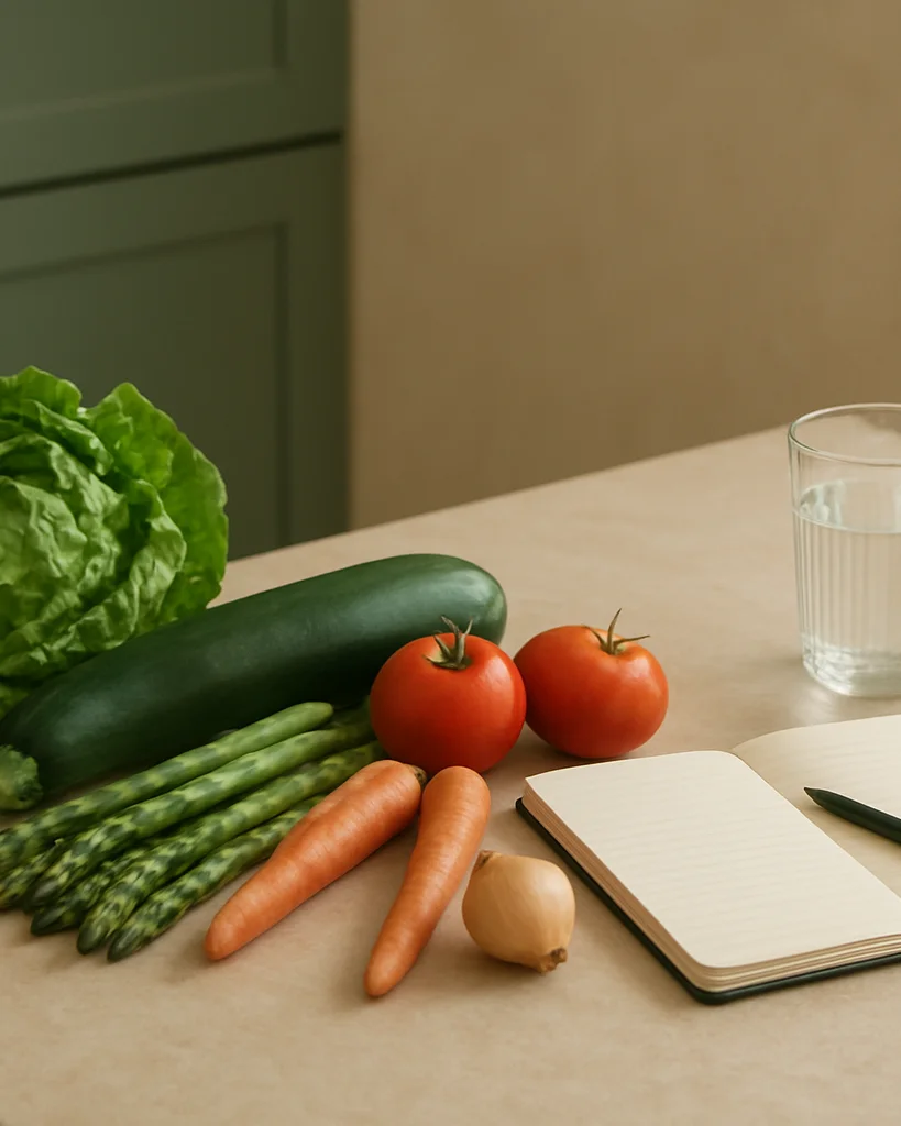 Editorial photograph of a calm kitchen counter with fresh vegetab