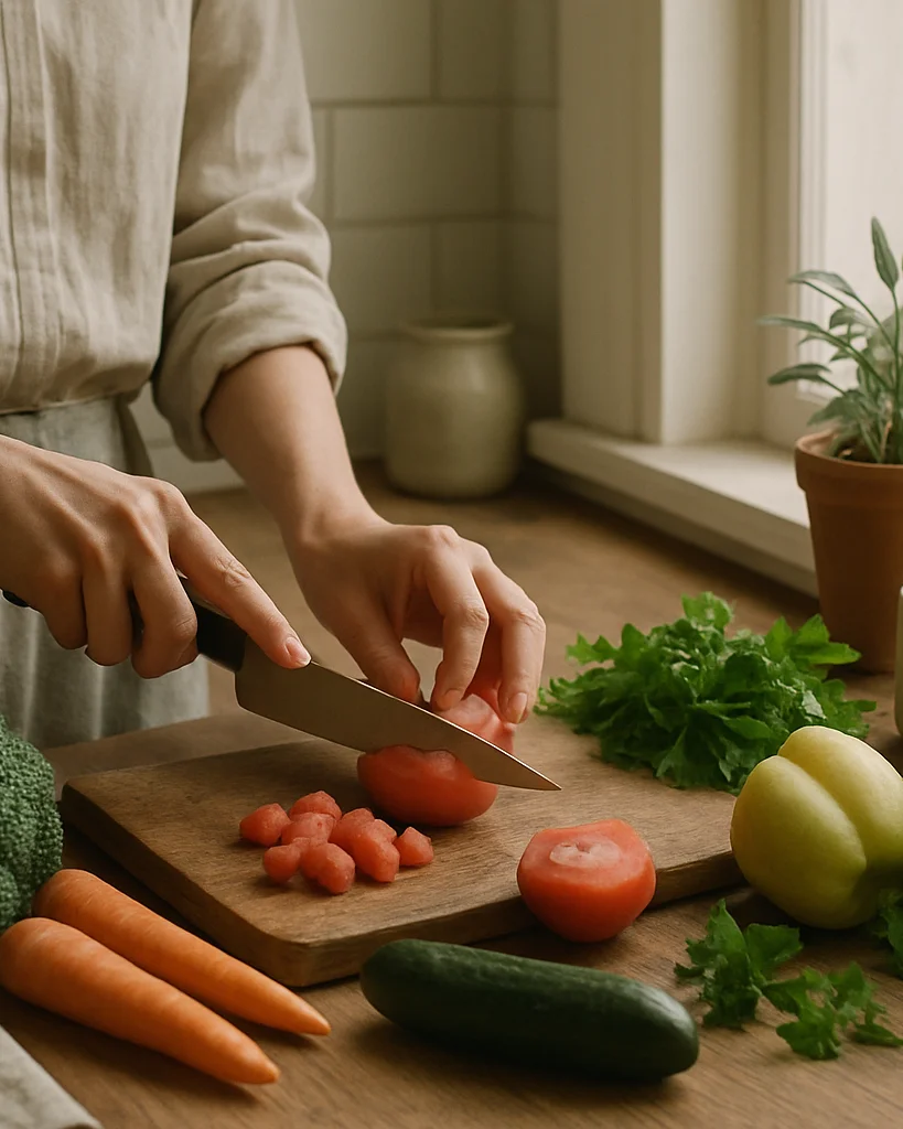 Warm kitchen preparation scene: hands chopping fresh vegetables o